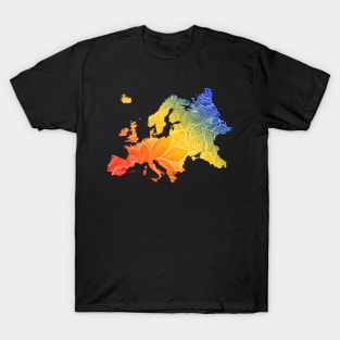 Colorful mandala art map of Europe with text in blue, yellow, and red T-Shirt